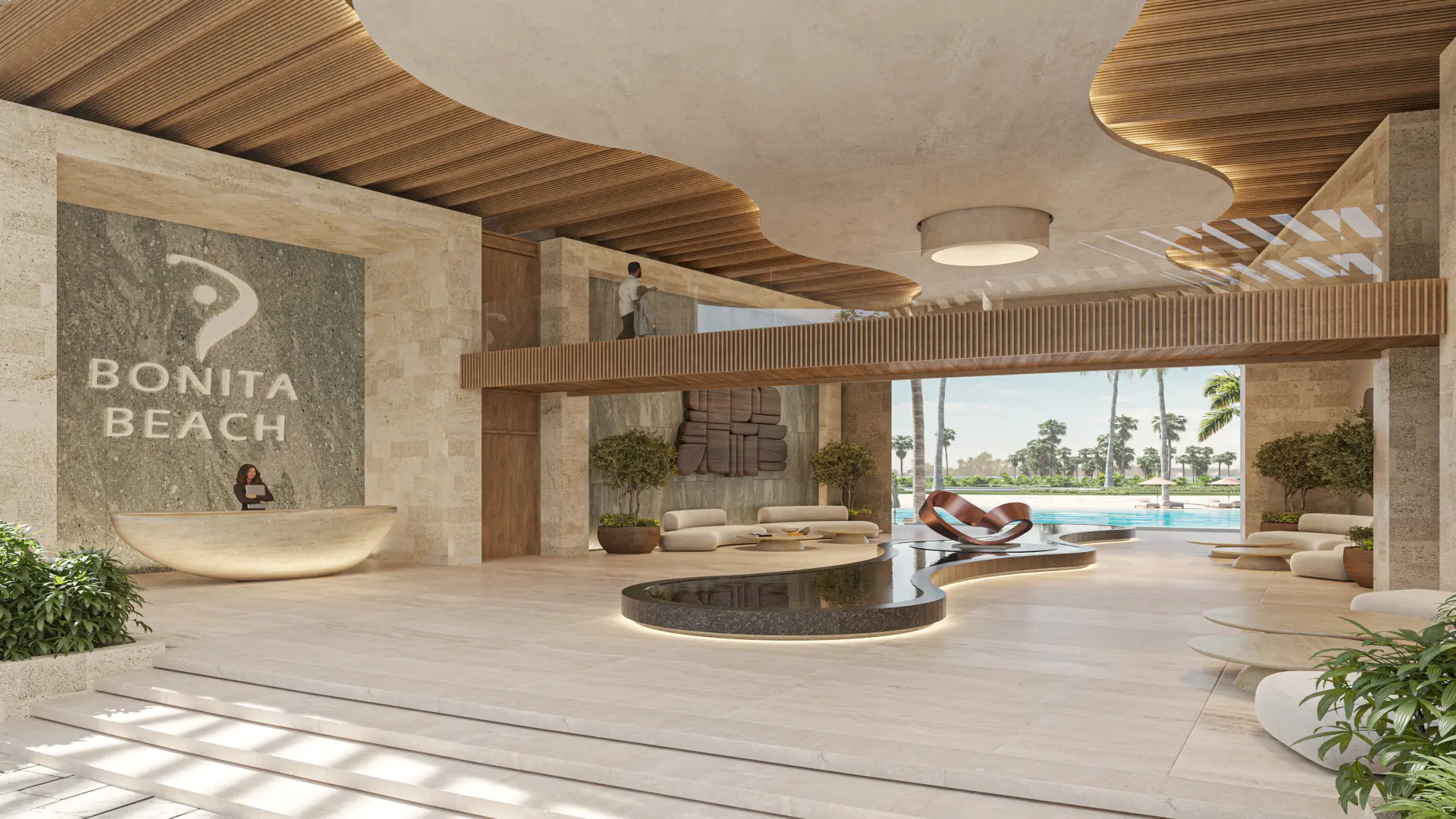 Bonita Beach Residences lobby interior — double-height ceilings, sculptural wood design, water feature, and pool view